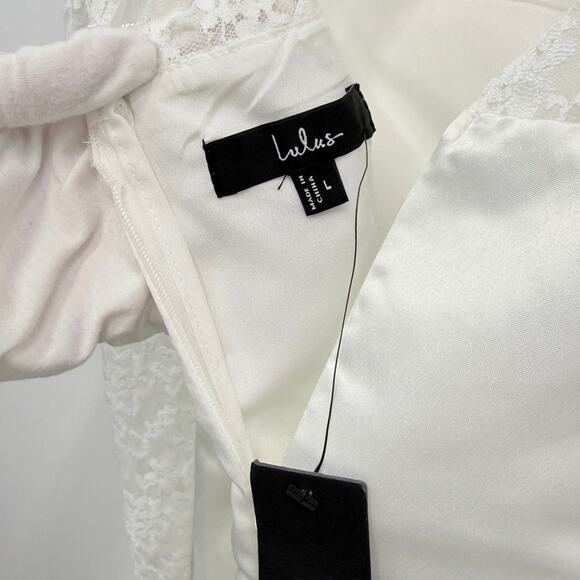 Lulus Prettiest Behavior White Satin Lace Long Sleeve Mini Dress size Large NWT - Picture 4 of 6